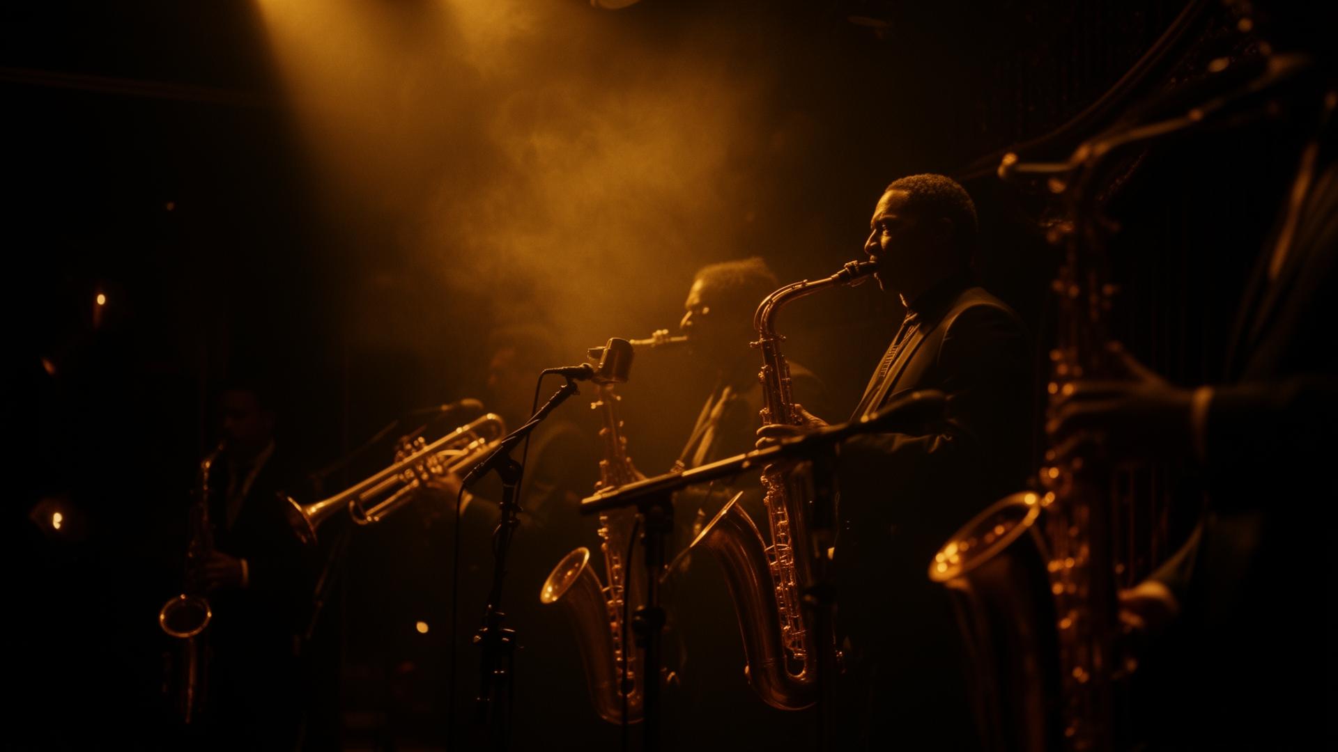 Formation jazz sur scène, lumière chaude et cuivres